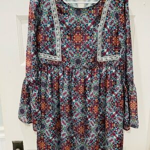 Boho, prairie, babydoll Dress in Blue and Red Floral, size XS